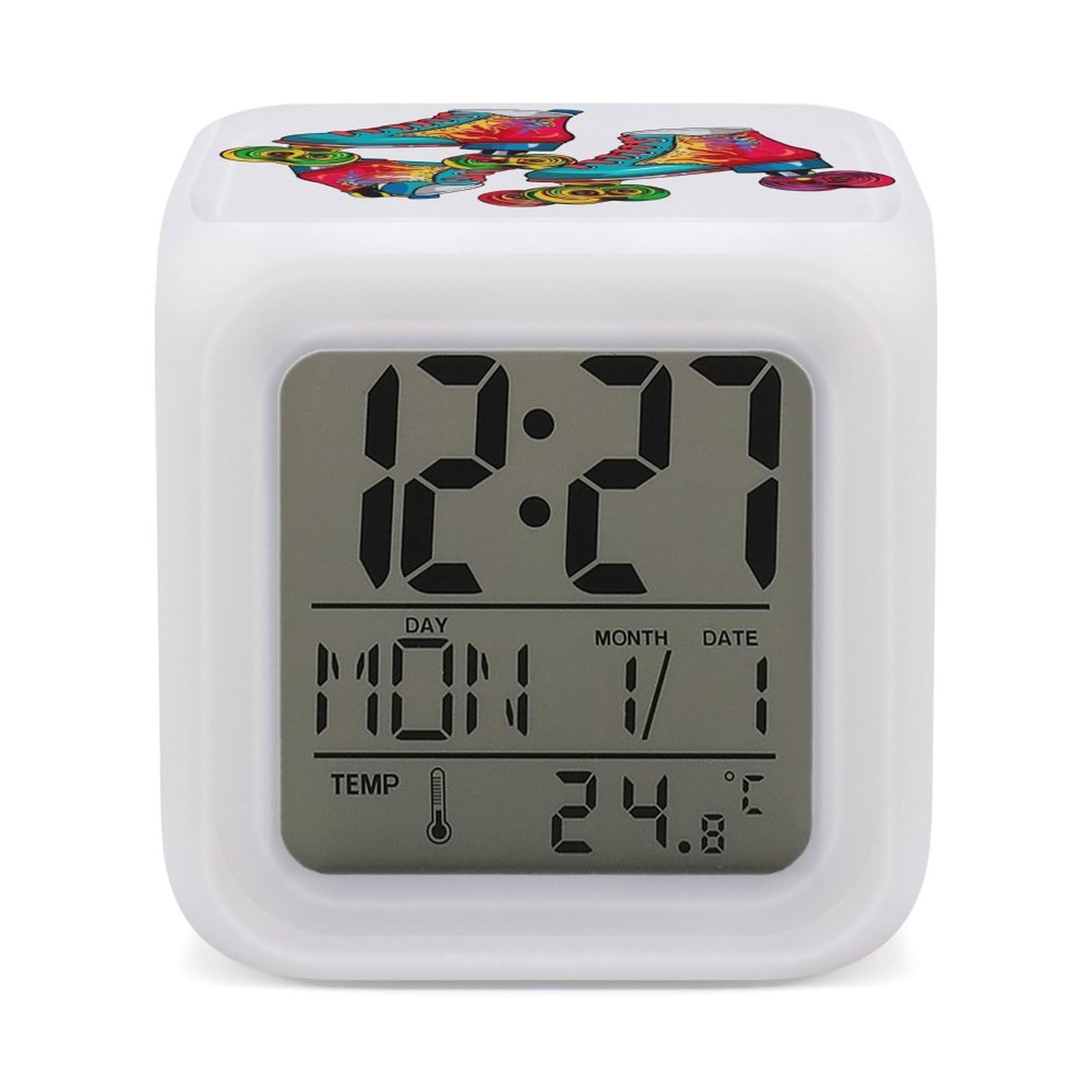 Reloj despertador digital LED con ruedas y luz nocturna ajustable de 7 colores para dormitorio