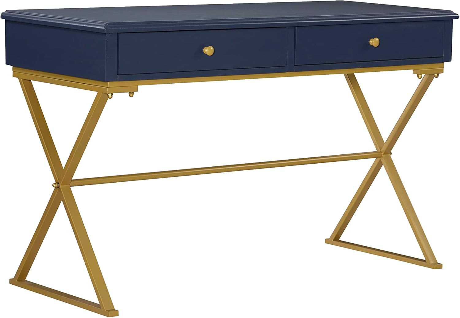 Linon Campaign Desk Navy with Gold Legs, Blue