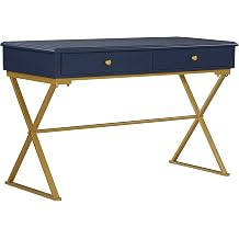 Linon Campaign Desk Navy with Gold Legs, Blue