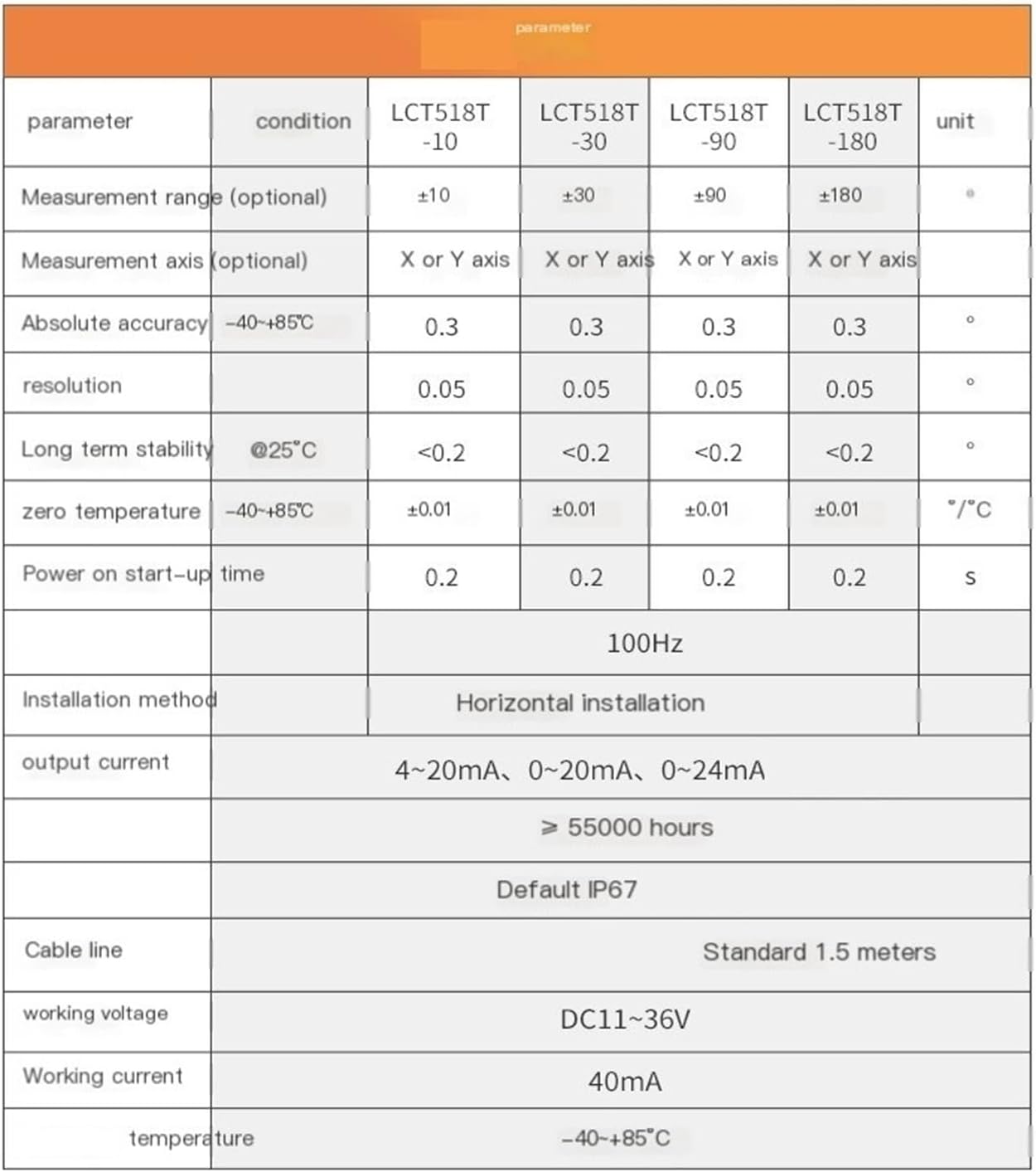 LCT518T Current Type Tilt Sensor Single Axis Horizontal Tilt Angle Measurement Sensor(0-20mA,±30°)