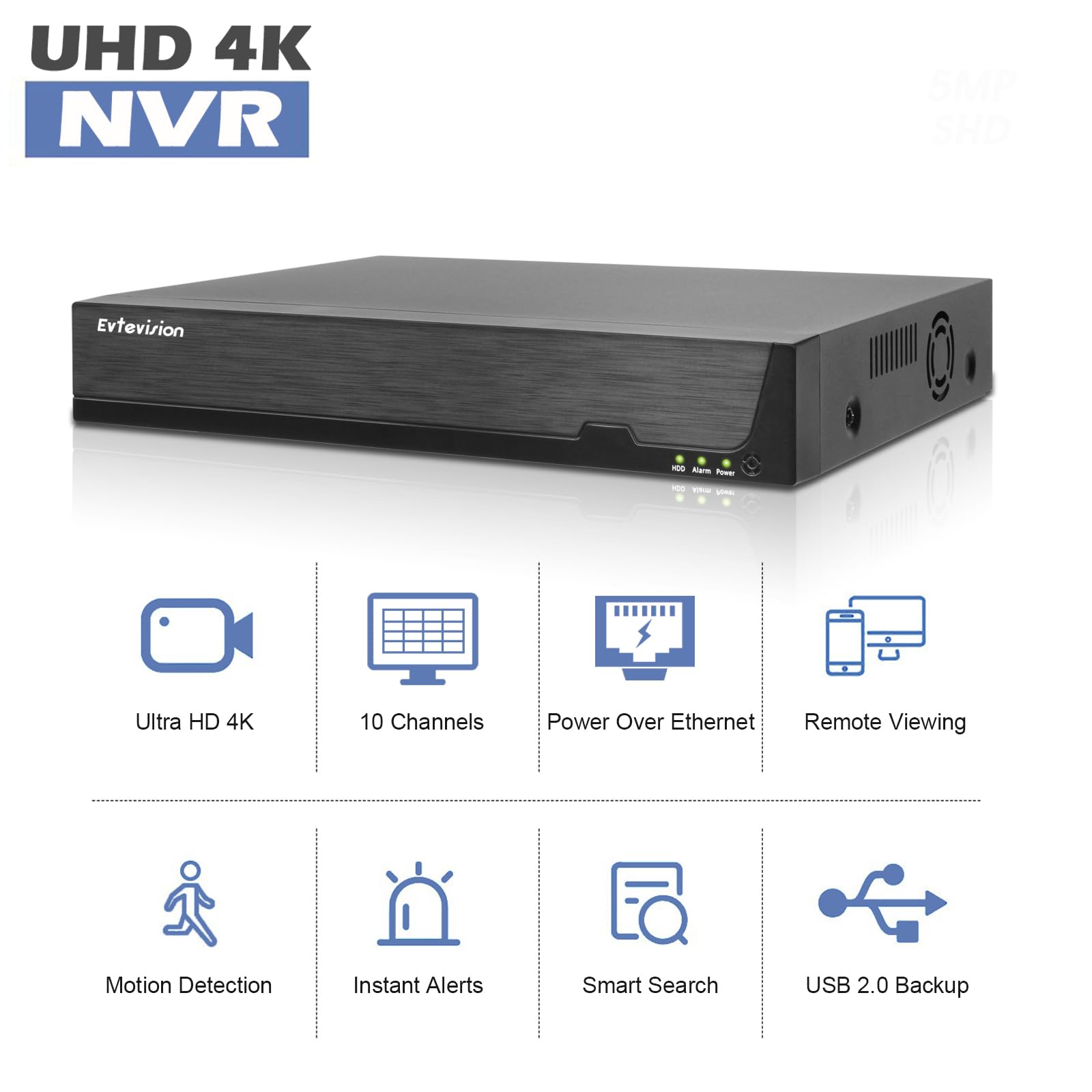 10 Kanal 4K NVR Überwachungssystem Rekorder, 10CH PoE NVR Recorder für 8MP/6MP/5MP/4MP/1080p/720p PoE IP Kamera, unterstützt ONVIF, HDMI/VGA Ausgang, Fernzugriff, H.265+