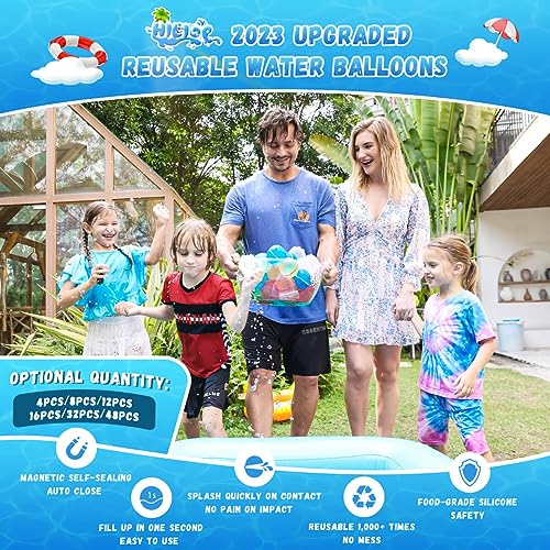 Hiliop Reusable Water Balloons For Kids Adults, Silicone Refillable Water Bombs Magnetic Water Balloons Self Sealing Quick Fill With Mesh Bag (32Pcs - Space Capsule) #TOP3