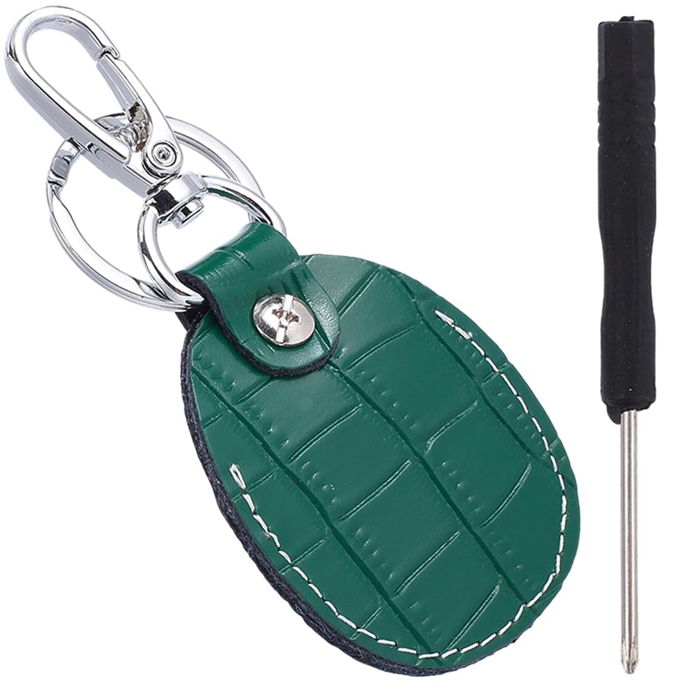 CALFOVERA Green Genuine Leather Keychain Cover Portable Leather Key Fob Compatible Scratch-Resistant Keyring Fob Protector NFC Tag Holder Access Card Case with Screwdriver for Office ID Key Cards