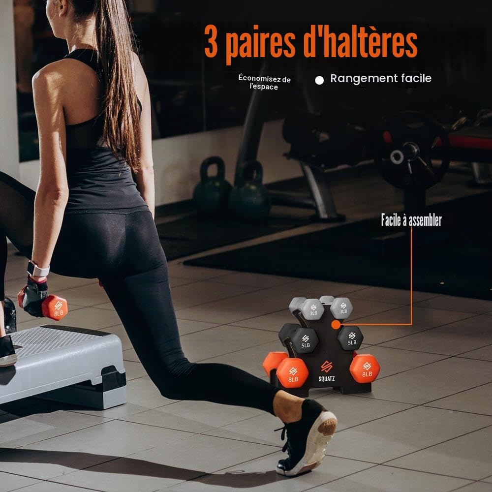 SQUATZ Haltères 14,5 kg avec Support en Néoprène Hexagonal – Antidérapant Musculation Fitness Maison Entraînement Complet