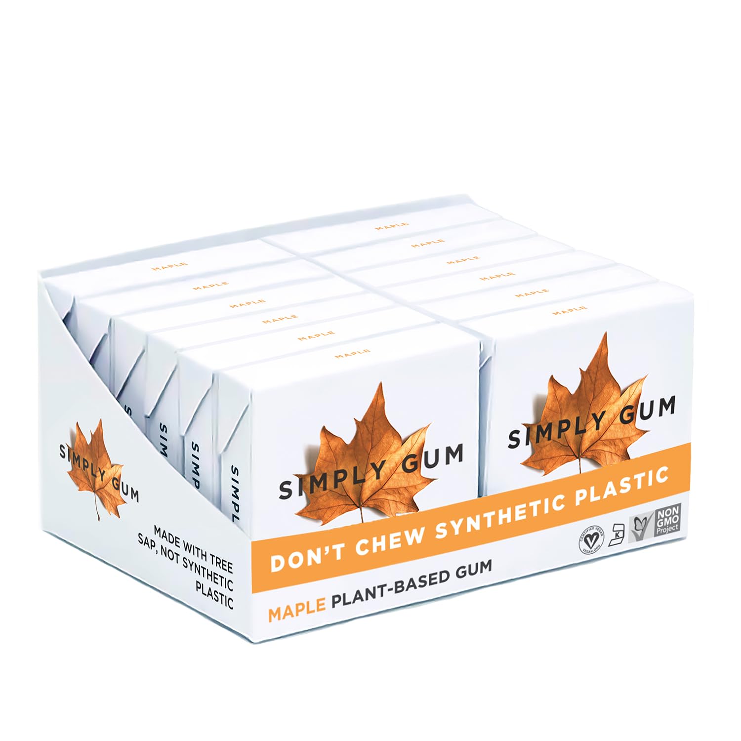 SIMPLY Gum Maple, Plastic-Free Natural Chewing Gum, 12 Pack (180 Pieces) | Vegan, Kosher, Non GMO, Aspartame Free and Sorbitol Free