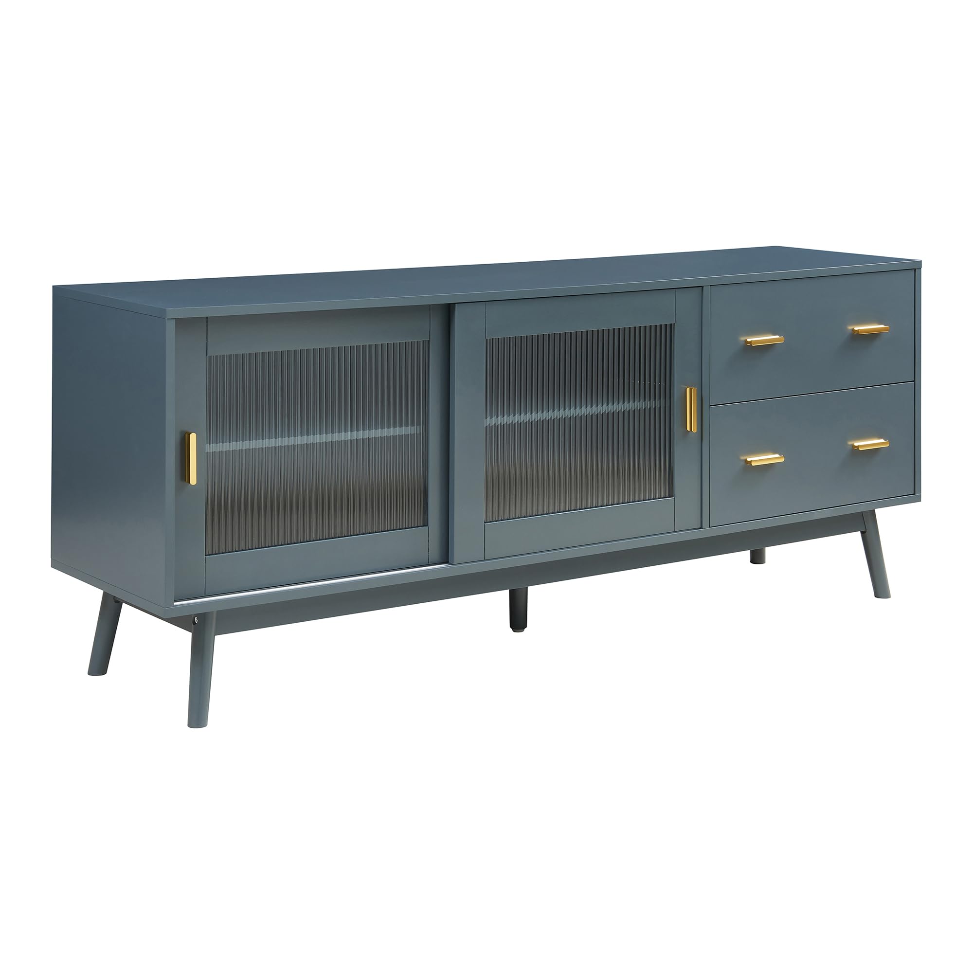 [en.casa] Mueble de TV Susa con 2 Puertas Corredoras de Vidrio y 2 Cajones Mesa de TV Mueble de Salón con Tablero Rectangular MDF Patas de Pino 160 x 40 x 65 cm - Gris