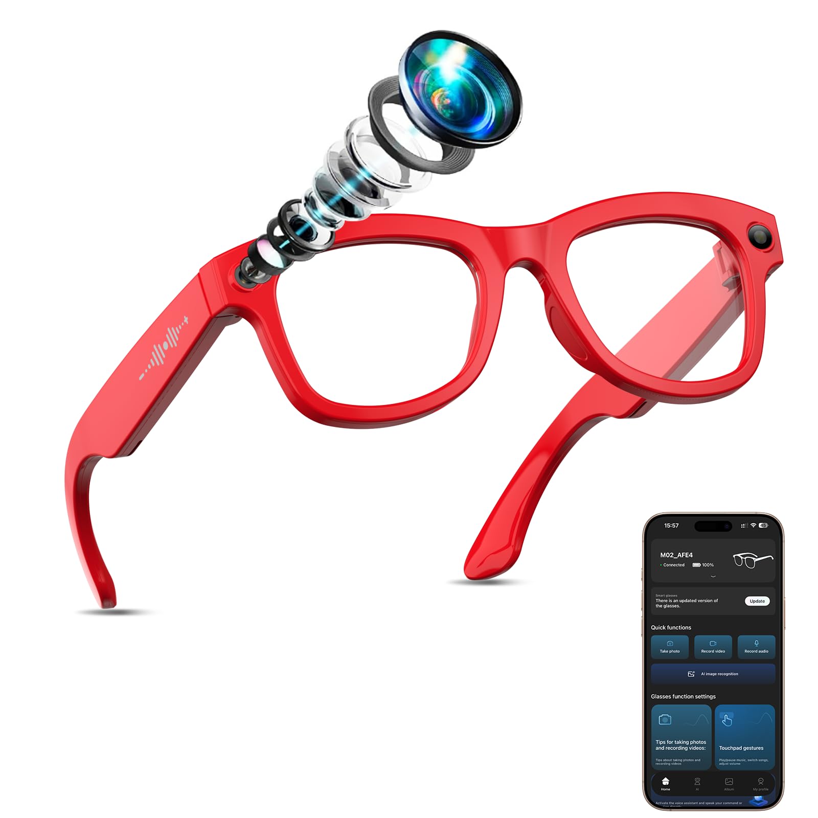 AI Smart Glasses with Camera Stabilization - 8MP POV Video Recording Real-Time AI Translation Smart Assistant Dual-Mic Noise