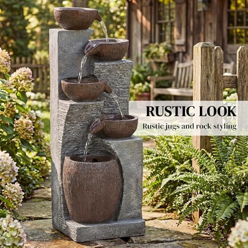 Outsunny Outdoor Cascading Rock Water Fountain, 5-Tier Waterfall Feature with LED Lights and Adjustable Flow, Garden Fountain for Patio, Backyard, Grey and Rustic Brown - 2