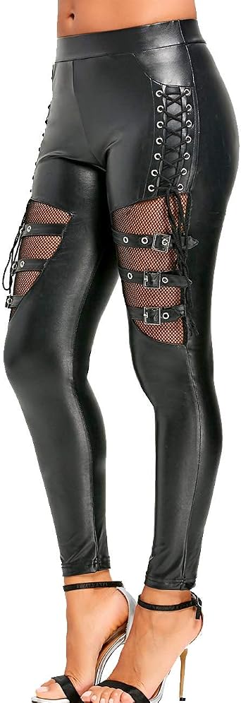 iticat Womens Fishnet Lace Up Faux Leather Leggings Gothic Bandage Hollow Out Metal Buckle See Through Punk PU Pants
