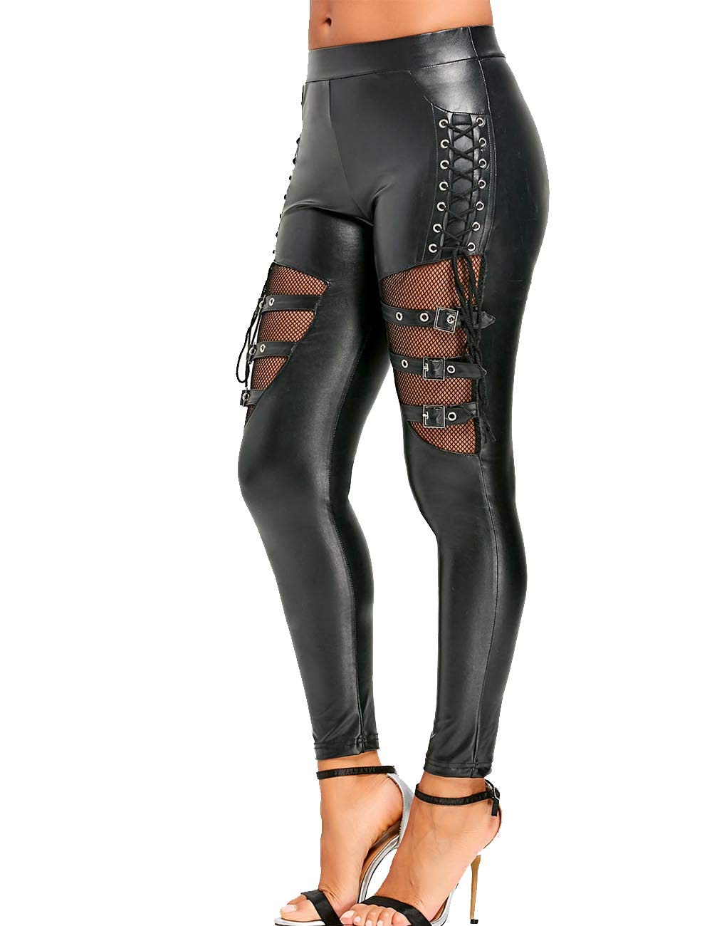 xxxiticat Calze a rete da donna con lacci in finta pelle gotica fasciatura scavare fibbia in metallo vedere attraverso punk PU pantaloni, nero, M