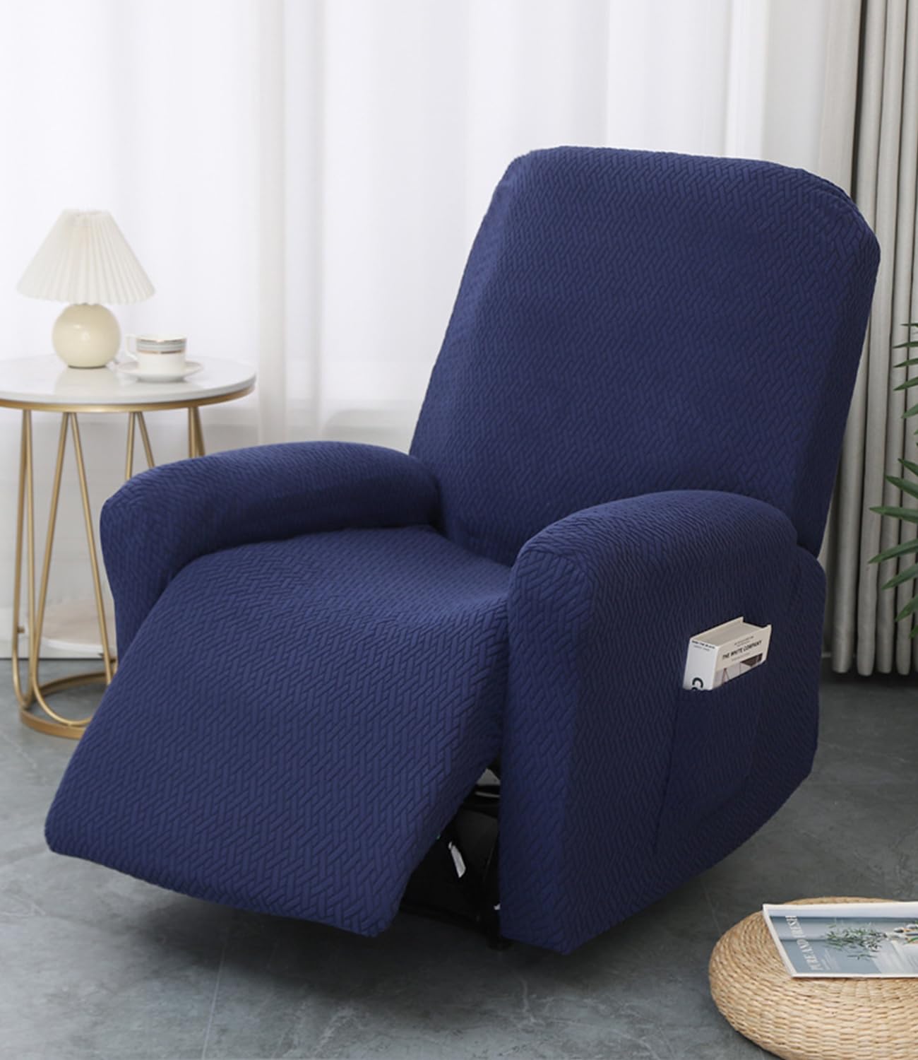Copripoltrona Relax Reclinabile Elettrica Universale, Blu Navy Jacquard Fodere per Poltrona Relax 1 Posto, Elasticizzato Copridivano Reclinabile con Tasca Rimovibile