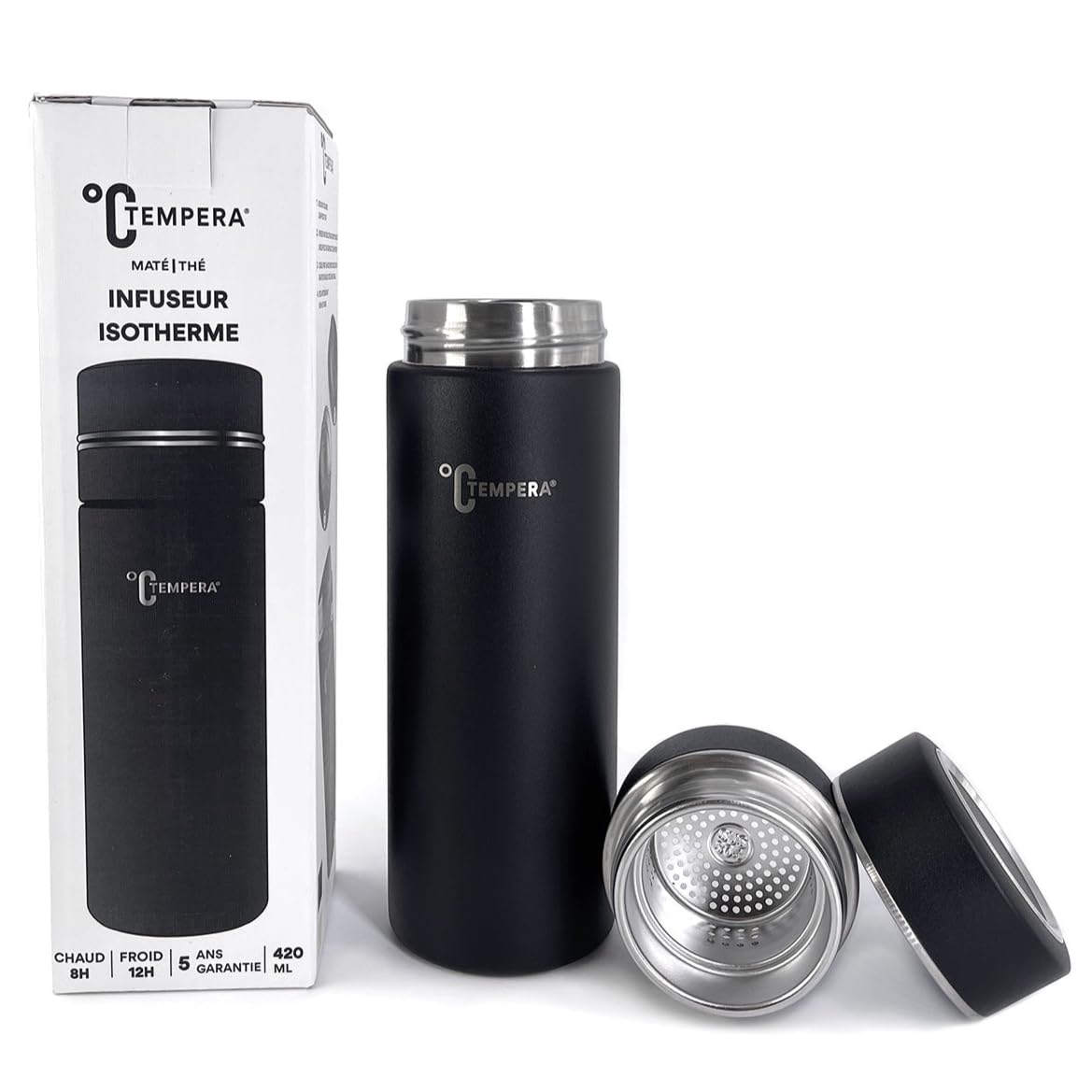 TEMPERA Bouteille Infuseur isotherme - 420ml | Double Paroi Acier inoxydable 316, Sans BPA | Filtre monobloc intégré | Étanche, Garde le chaud 8h, Froid 12h | Maté - Thé - Infusion