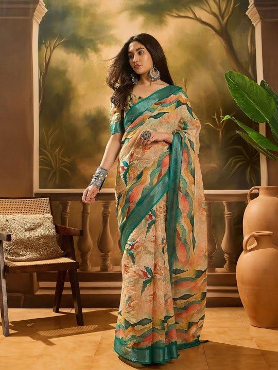 indian Cotton Floral Printed Saree, Beige and Green, Lightweight Fabric, Ethnic Wear for Women