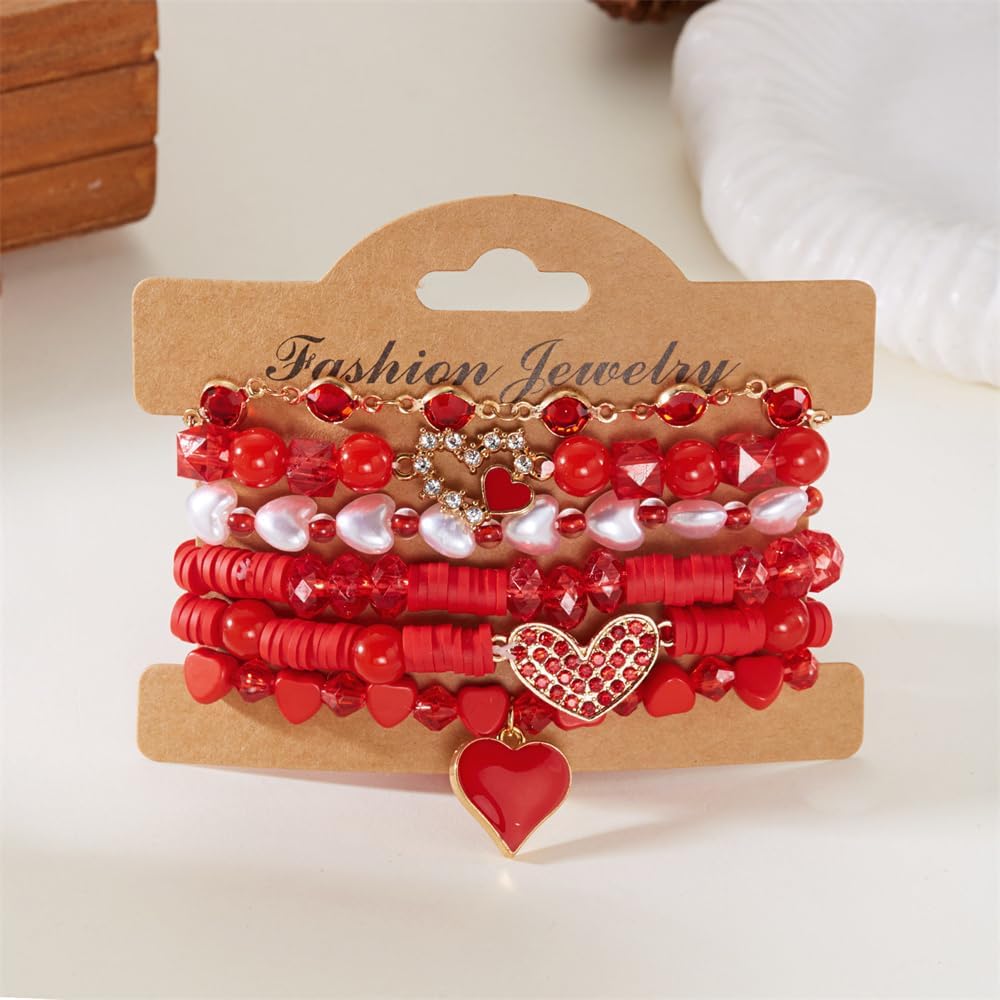 Valentine's Day Stackable Surfer Heishi Beaded Bracelet Set for Women Polymer Clay Beaded Stretch Bracelets with Love Heart Charms Jewelry Gift - Image 3