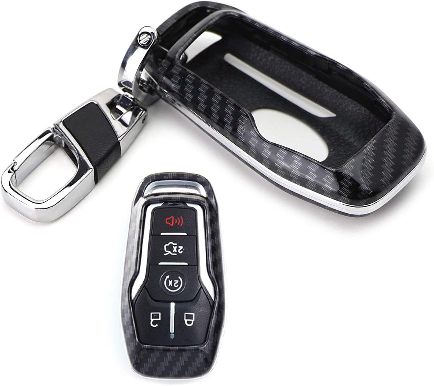 iJDMTOY Exact Fit Black Glossy Carbon Fiber Pattern Key Fob Shell w/Keychain Compatible with Ford or Lincoln 4/5-Button Intelligent Access Key