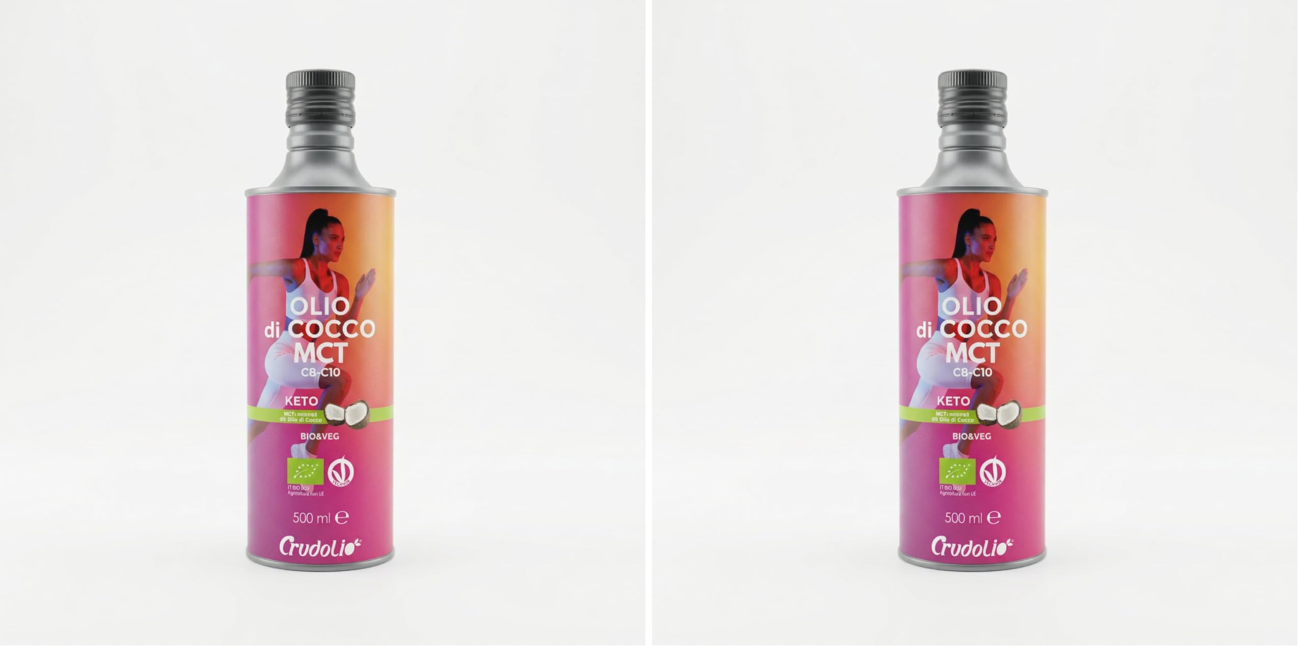 CRUDOLIO - Olio MCT C8-C10 biologico 500ml. LATTINA | Olio di Cocco liquido | Puro al 100% | Spremuto a freddo | Vegan | Paleo | Metabolismo | Keto | Bulletproof coffee (Confezione da 2)