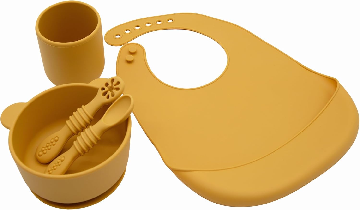 BabyX Silicone Baby Starter Kit, 5 Pieces First Feeding Set, Including Training Spoon, Fork, Cup, Bib and Bear Shaped Bowl (Peach), BPA-Free, Baby Utensils Supplies, Microwave/Dishwasher Safe