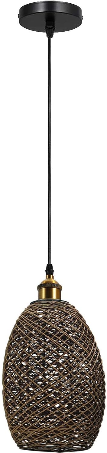 LEDSone Industarial plafond natuurlijke rotan hanglamp, handgeweven rieten lichte schaduw, in hoogte verstelbare 1m kabel, vintage e27 basis opknoping binnenverlichting voor eetkamer. (stijl 4, met buitenlamp)