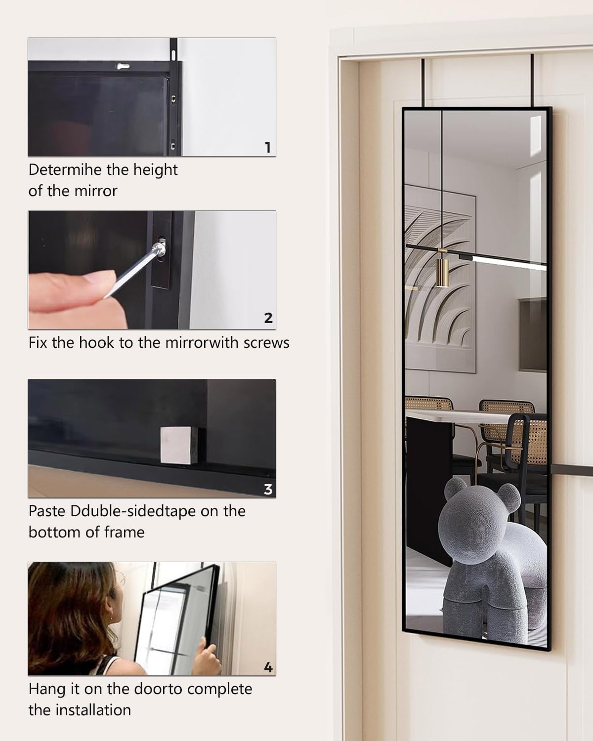 48x14 Over The Door Full Length Mirror - Wall Mounted or Hanging with 2 Metal Hooks, Space-Saving Black Mirror for Bedroom, Bathroom, Living Room Decor(white) ( Little damaged; see the picture)