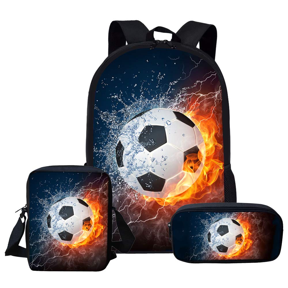 Lot de 3 grands sacs d'école de football pour garçons et filles + sac à bandoulière + trousse à crayons Taille S, couleur, 5.0cm*10.5cm*20.5cm, trousse à crayons