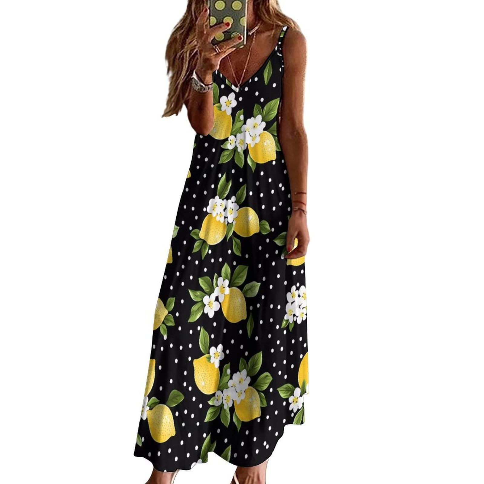 Vestido casual de verano con estampado de lunares y flores de limón para mujer, vestido largo de espagueti ajustable, largo hasta el tobillo con volantes