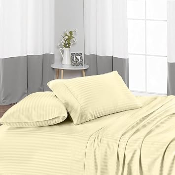 Cotton Sheets Set 4 Piece, 100% Egyptian Cotton 600 Thread Count, Fitted Sheets fitt Upto 6 Inch Deep Pocket, Crisp Cool and Strong Bed Linen Set- Ivory Stripe King Size