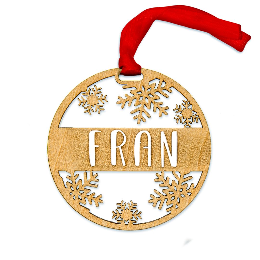 DEREGALOOS Bola de Navidad Personalizada con Nombre, de Madera con Copos de Nieve e Incluye Cordel de Raso Rojo. Adorno para el árbol de Navidad Personalizado de Madera. Regalo navideño Original