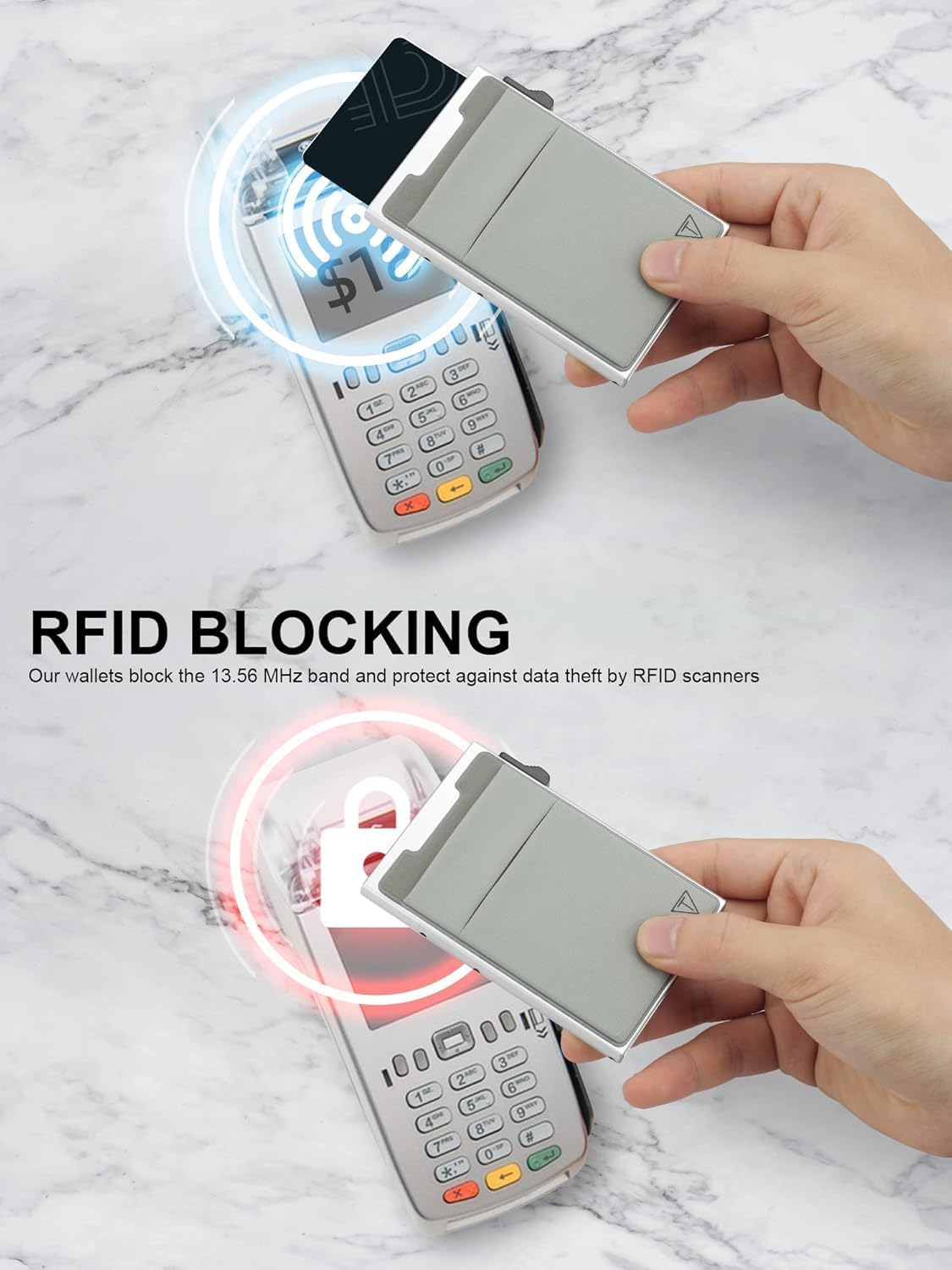 Slim Wallet for Men and Women,Pop Up Credit Card Wallet Metal Minimalist Cards Holder with Money Pocket,Small Ultralight Aluminum RFID Blocking Wallets 6-12 Card Capacity,Silver - Image 3