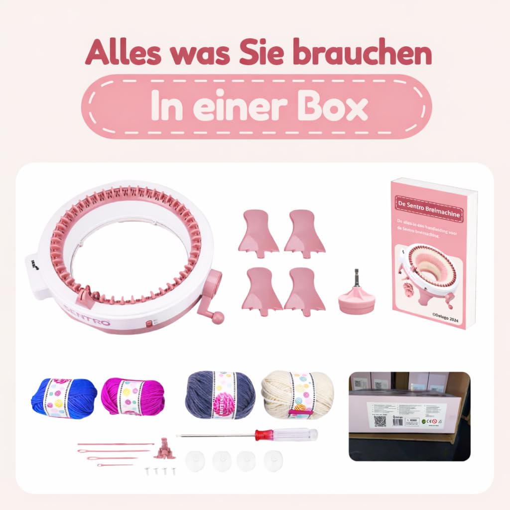 Tiny Thinkers Sentro Strickmaschine XL mit Drehadapter, Rundstrickmaschine mit 48 Nadeln, 20x schneller als Handstricken, Komplettes Strickset mit Zubehör & E-Book, Für Anfänger & Fortgeschrittene
