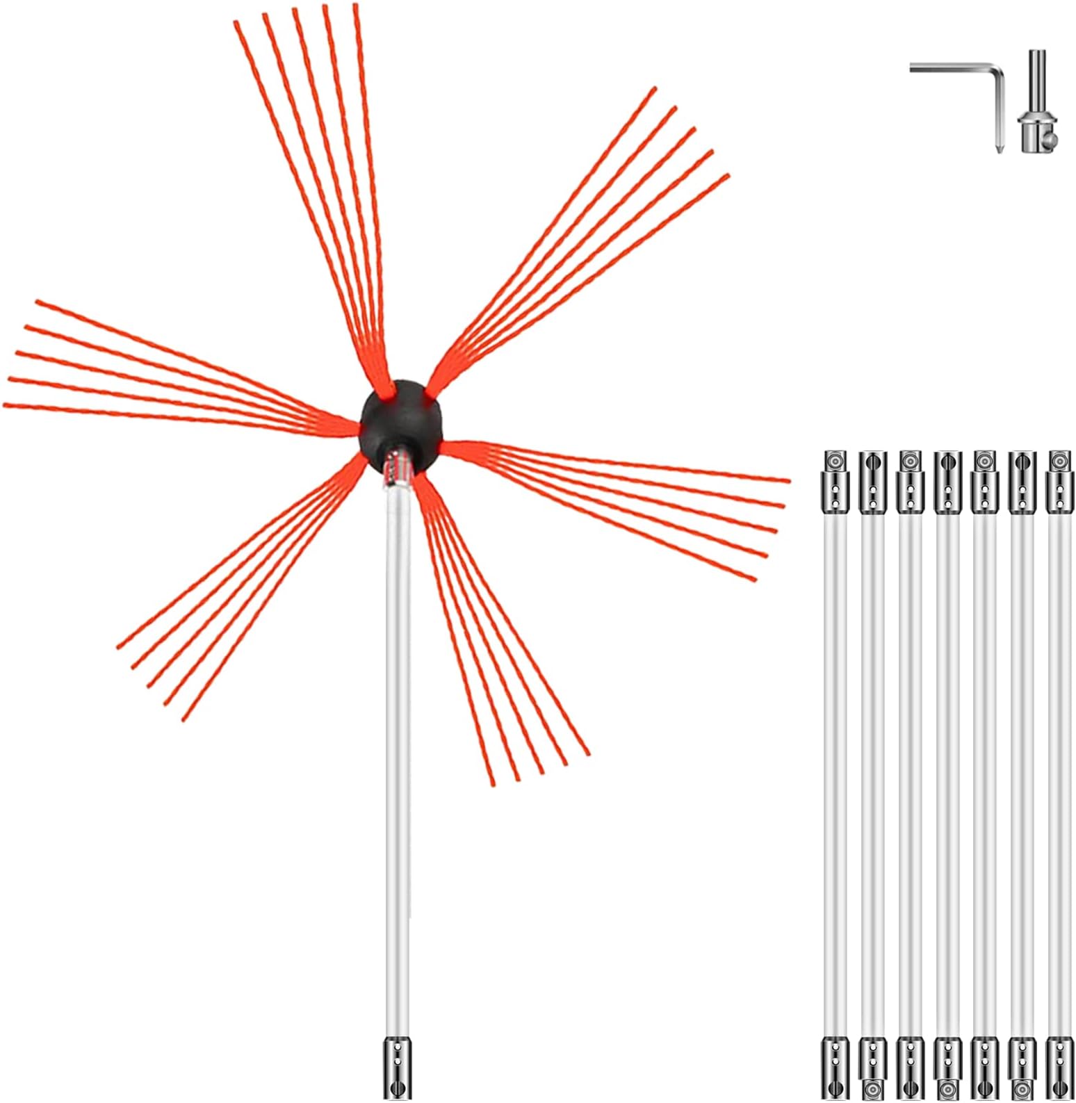 Chimney Sweeping Rods 8M Chimney Brush Rod Kit 8 Rods Professional Fittings Stainless with Nylon Flexible Rods