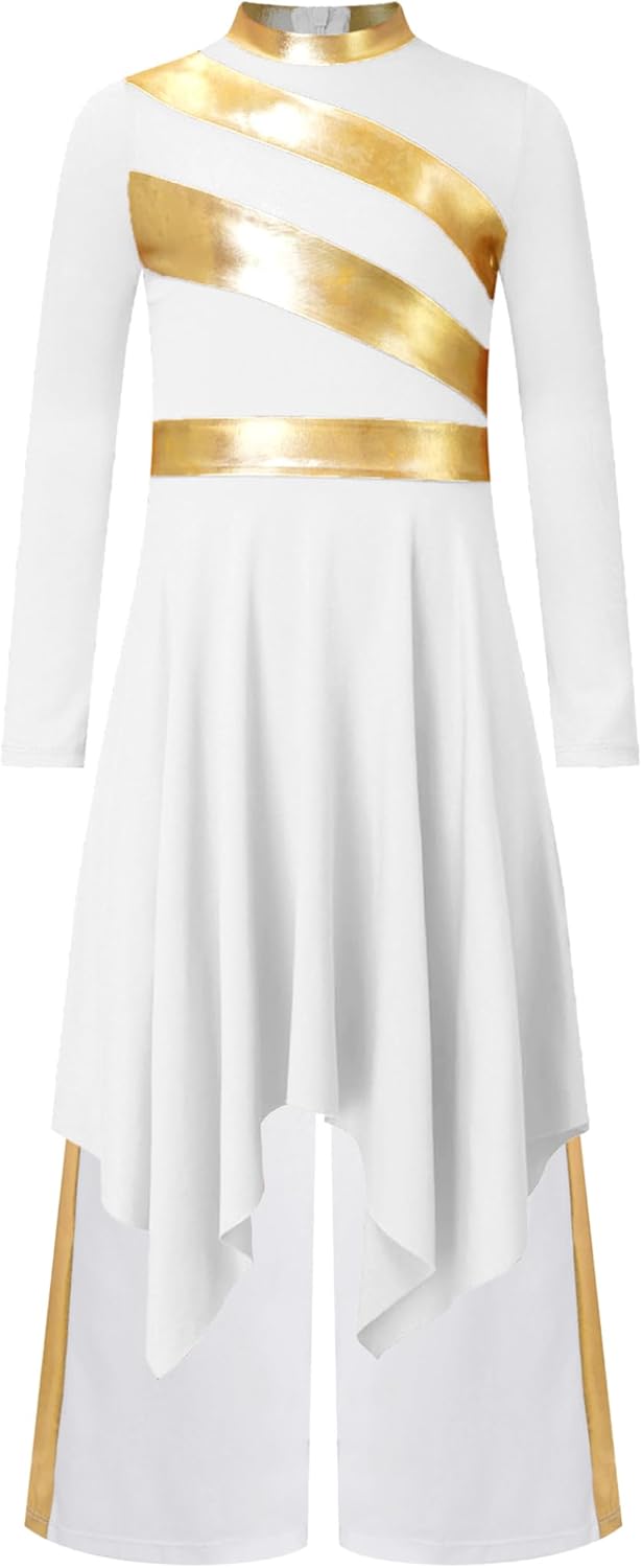 Kids Girls Worship Praise Dance Dress Metallic Long Sleeve Outfit with Palazzo Pants Liturgical Church Robe