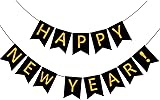 FECEDY Happy New Year Banner Black Bunting with Gold Alphabet for New Year Party Supplier Eve Party Decorations