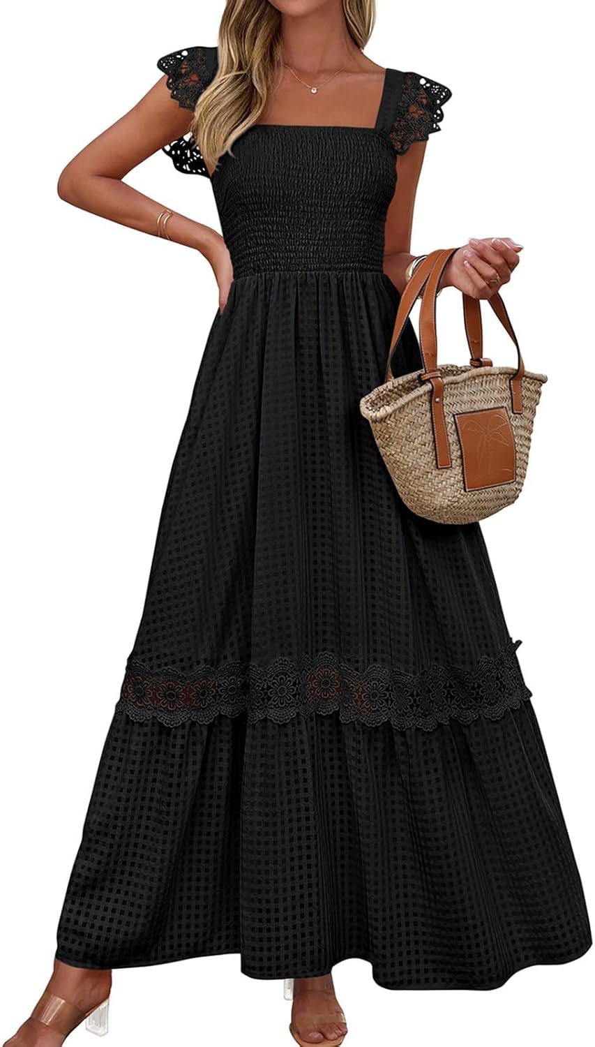 PRETTYGARDEN Women's Smocked Summer Maxi Dresses 2026 Ruffle Cap Sleeve Square Neck Lace Detail Flowy Sundress with Pockets