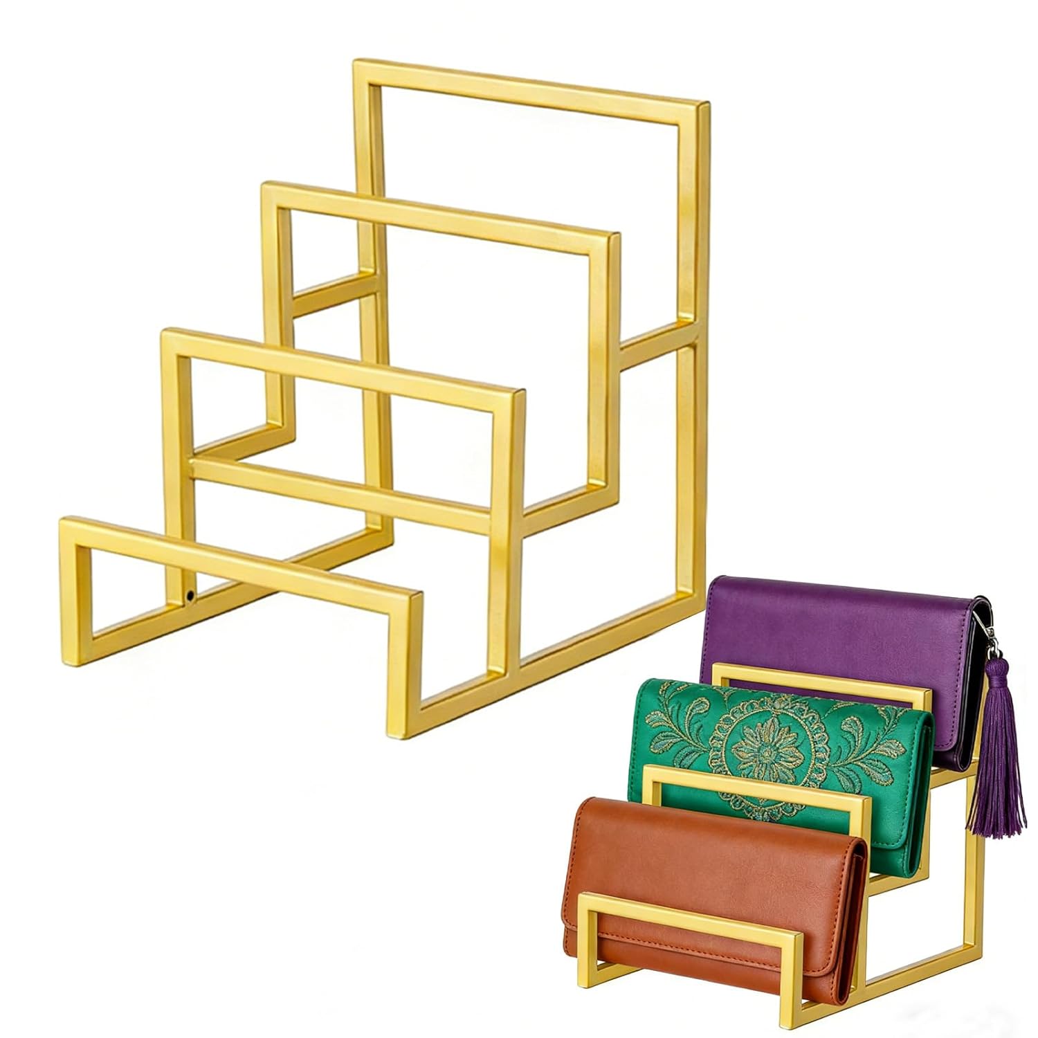 2 Pack 3 Tier Gold Wallet Display Stand, Metal Purse Organizer Rack for Closet, Handbag Clutch Display Holder for Home Retail Boutique Store, Space-Saving Bag Storage Shelf