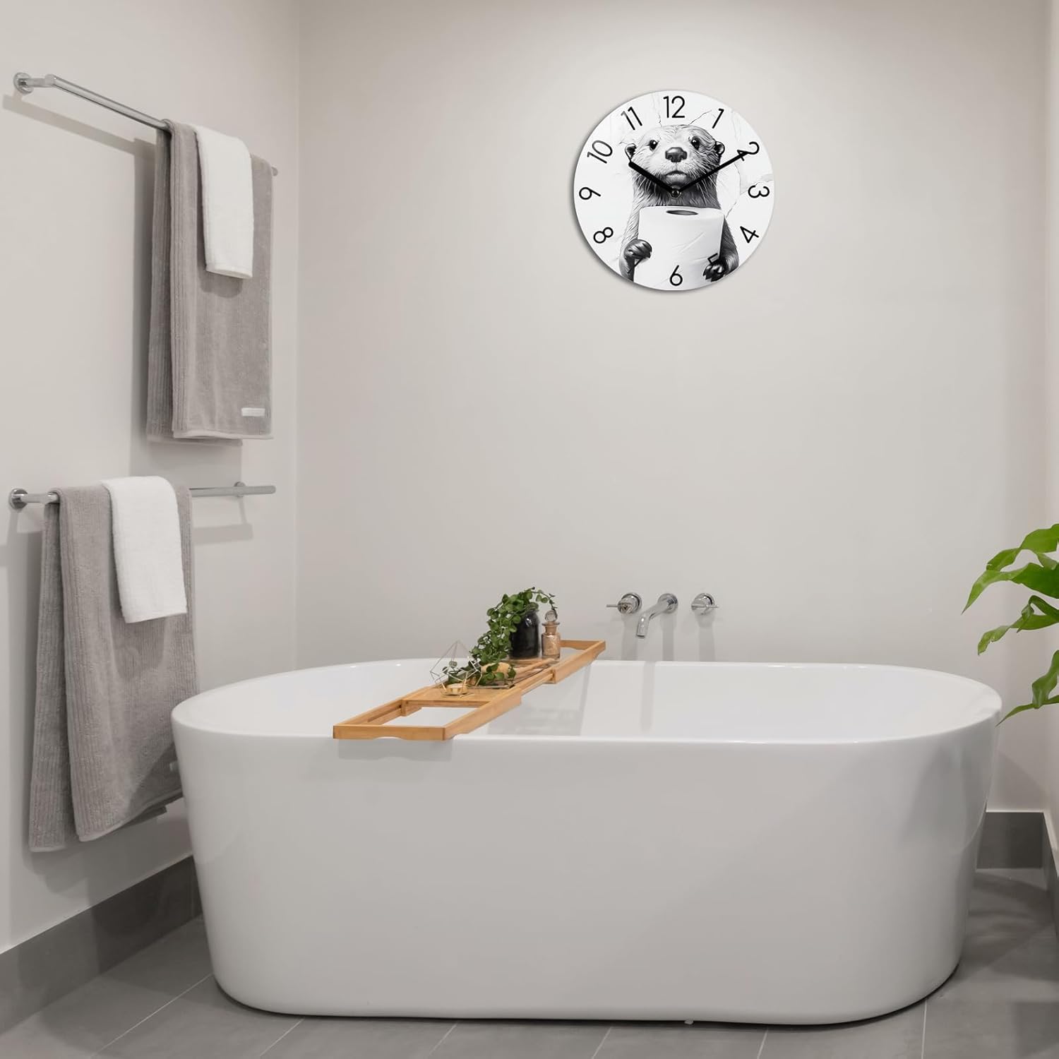 Crosstime Bathroom Wall Clock Modern Style Waterproof Glass Clock for Bathroom, Shower Wall Decor - 12 Inch, Toilet Paper in Little Funny Otter's Hand Animal Theme