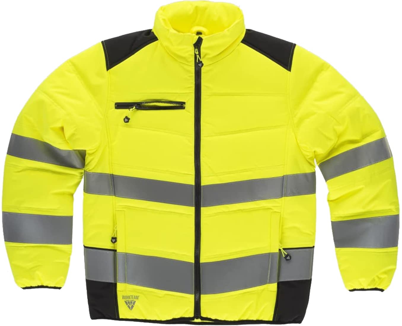 WORKTEAM Cazadora Acolchada Alta Visibilidad y Cintas Reflectantes Inclinadas con Capucha Interior. Unisex.
