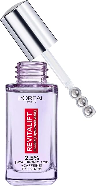 L'Oréal Paris 2.5% Hyaluronic Acid and Caffeine Eye Serum, Revitalift Filler Eye Serum, Replumps, Brightens And De-Puffs Eyes  20ml