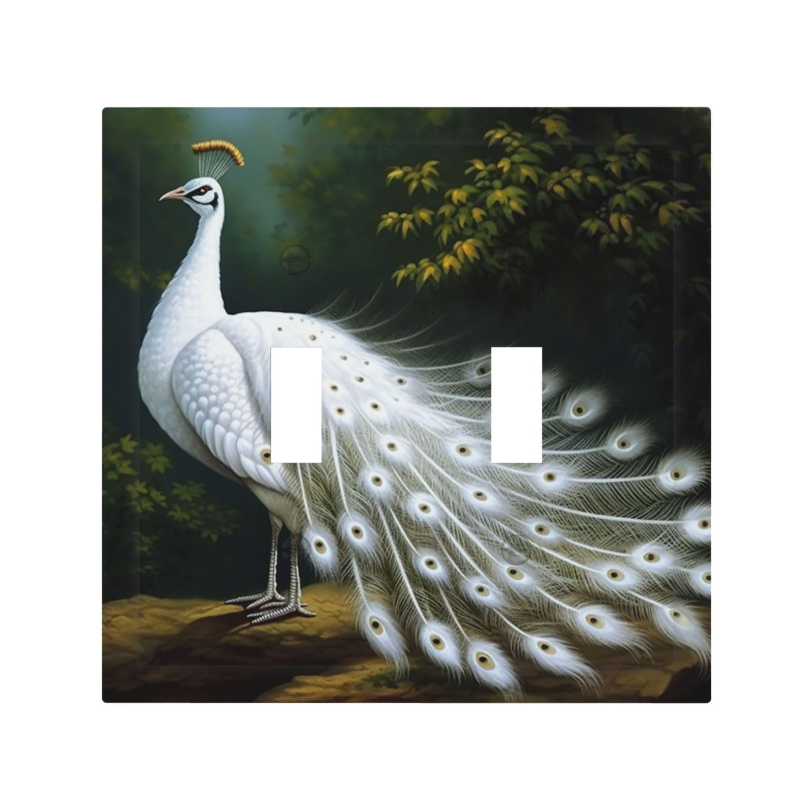 Kloph White Decorator Double Toggle Light Switch Covers Peacock Wall Plate 2-Gang Mid Size 5" X 4.9" Double Toggle Switch Wallplate Decorative 2 Gang Wall Switch Plate Covers