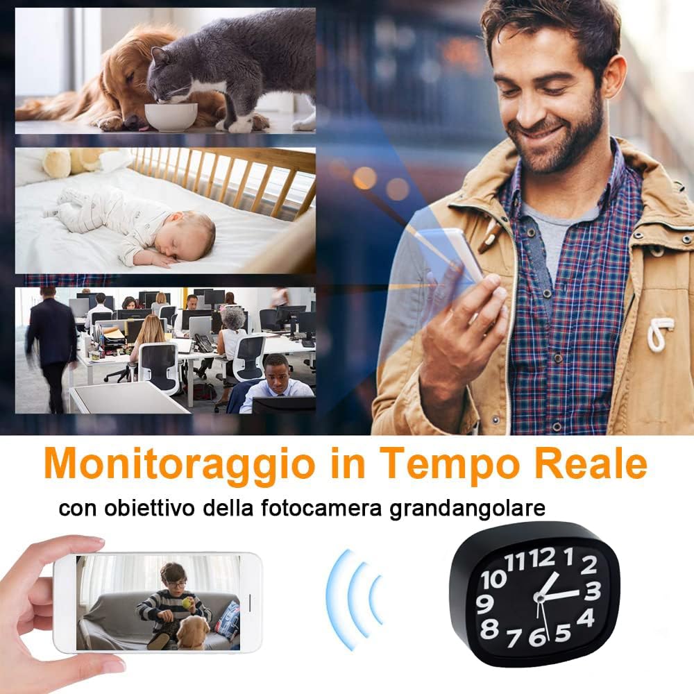 Telecamera Spia 1080P - ORLOGIO Sveglia WiFi con Rilevamento Movimento, Visione Notturna, Microfono, Visione da cellulare IOS/Android APP TUYA Monitoraggio Casa e Ufficio (C6)