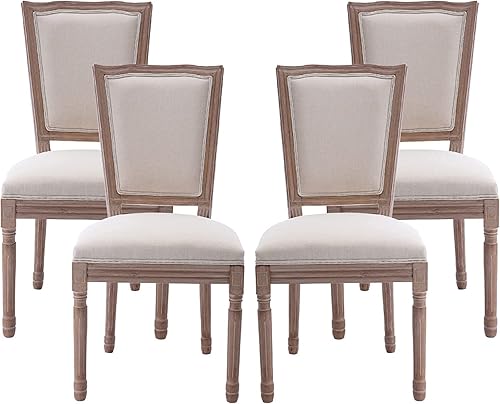 Miniatura 15 de Nrizc - Juego de 4 sillas de comedor de estilo francés rústico, sillas de tela de granja con respaldo redondo, silla de comedor de ratán, sillas