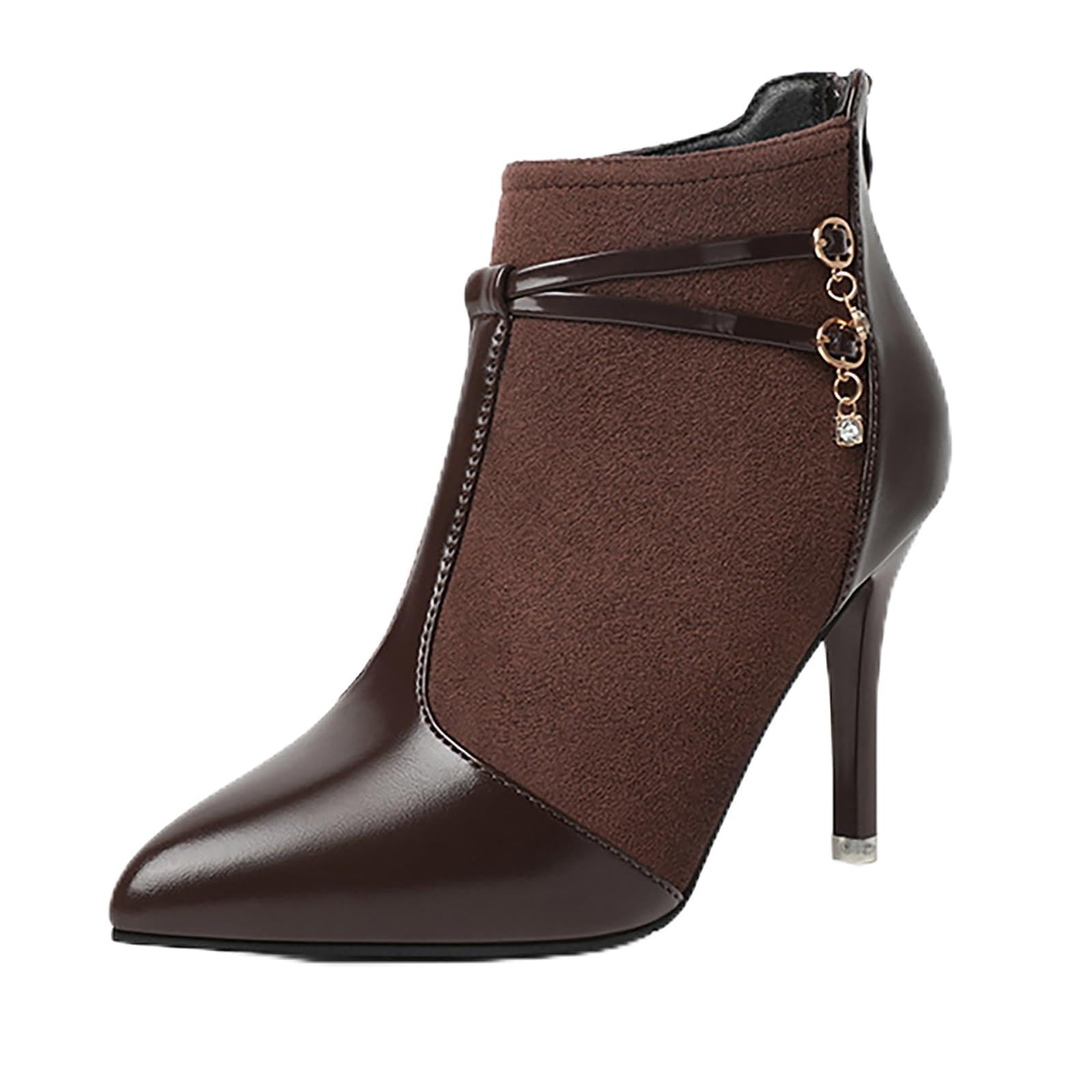 Womens Leather Splicing Pointed Toe Stiletto Ankle Boots Fall Winter Fashion Back Zipper Comfy High Heel Dress Booties