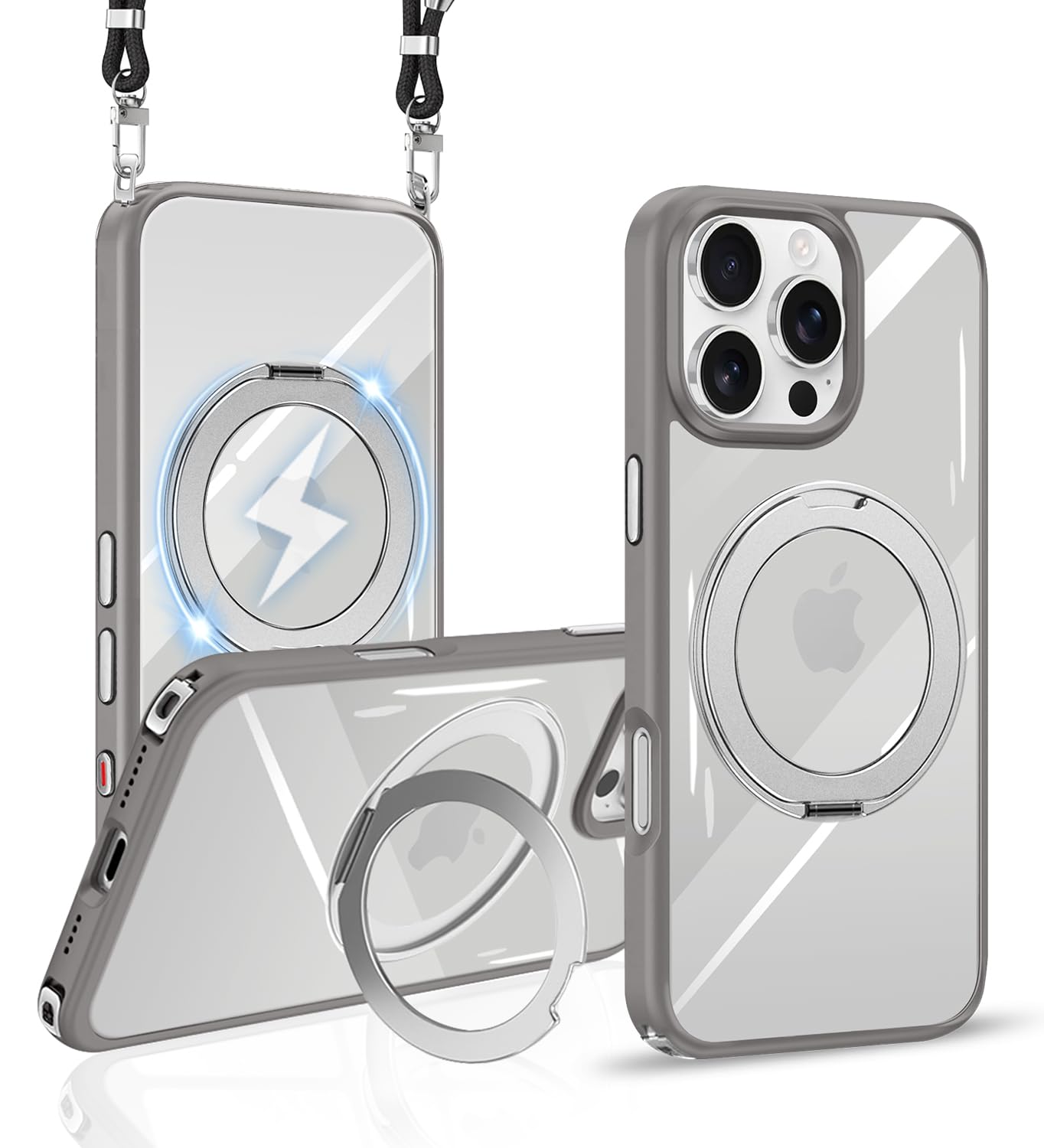 tuulaasii For iPhone 16 Pro 用 ケース クリア ショルダー 多機能360度回転スタンド MagSafe対応 調節可能 ストラップ付き ワイヤレス充電 耐衝撃 カメラレンズ保護 いphone16 プロ 対応 ケース マグセーフ マグネット搭載 透明 PC + TPU 肩がけ 首掛け 紐付き 耐衝撃 全面保護 おしゃれ アイフォン カバー (グレー)
