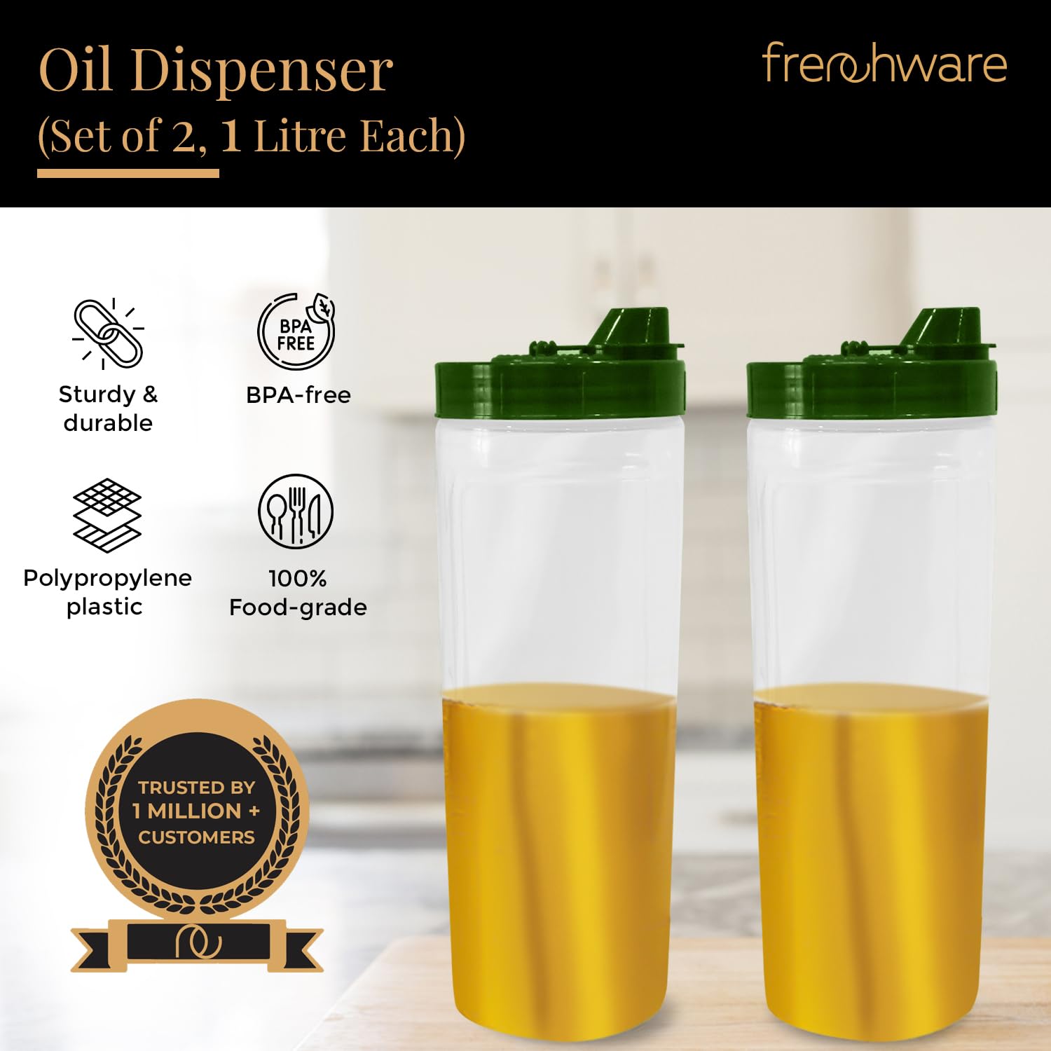 Frenchware Oil Dispenser Bottle Pack of 2, 1 L Each, Food Grade Plastic