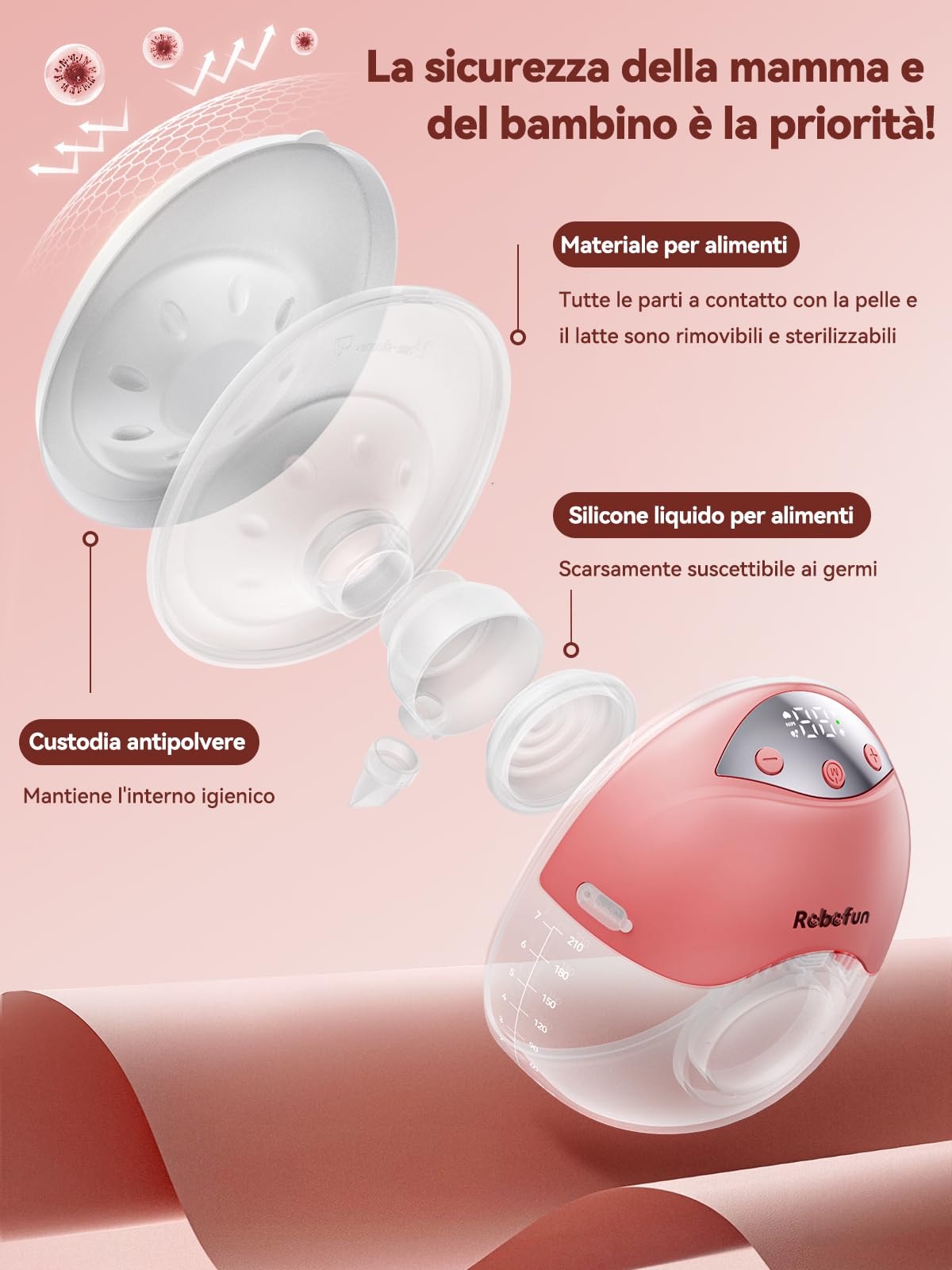 2 tiralatte elettrico a mani libere, doppio silenzioso, 4 modalità e 12 livelli di aspirazione, tiralatte elettrico con copertura antipolvere, 19 mm/21 mm/24 mm, rosa