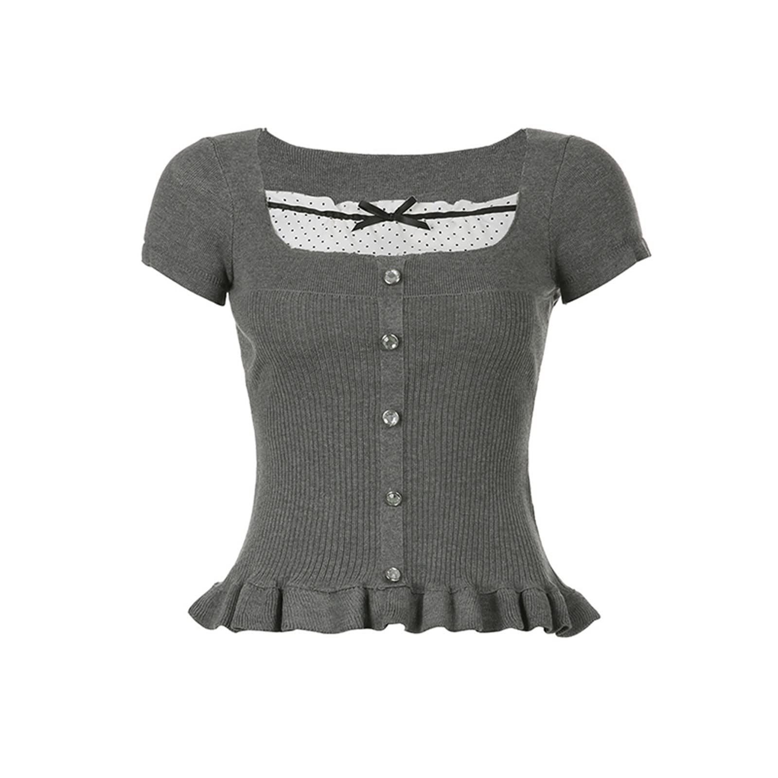 Womens E-Girls Short Sleeve T-Shirt Y2k Lace Trim Crop Tops Crewneck Fairy Grunge Tee Tops Aesthetic Summer Clothes: Medium Grey Bow