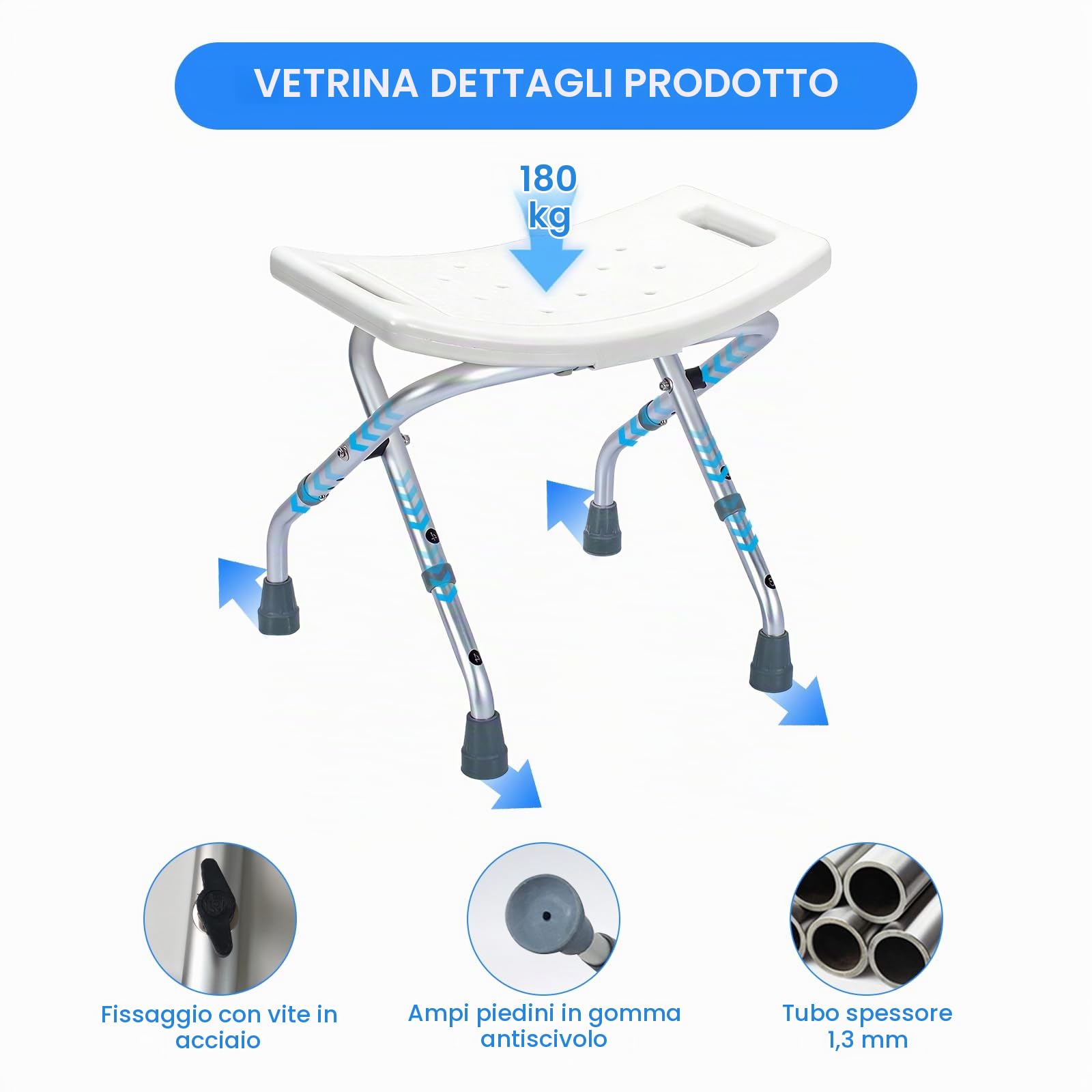 Sedia da doccia pieghevole regolabile in altezza sgabello da doccia da viaggio in lega di alluminio con fori di drenaggio, sedia da doccia idonea 181,4 kg, sedile antiscivolo di sicurezza per anziani