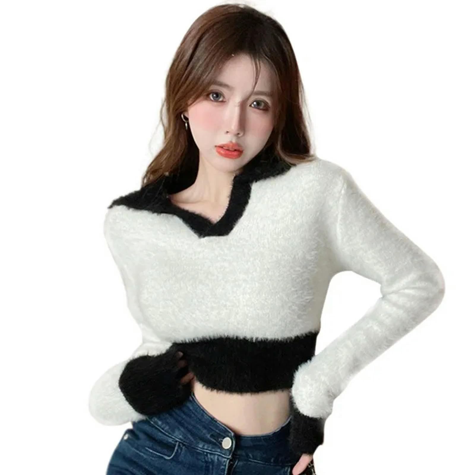 Ropa Mujer Autumn Winter Winter'S Sweater Slim Sexy Plush Vplush Color Bloqueo De Bloqueo De Color En V-b-Talla Única