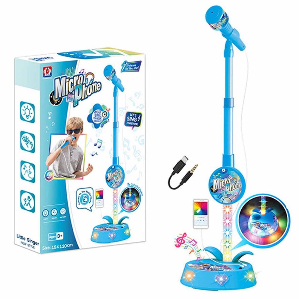 Kids Karaoke Microphone with Stand-Adjustable Height,Singing Toys Gifts for 3-8 Year Old Girls Boys,4 Drum Sound Effects & 12 Dance Songs,Flashing Stage Lights,Compatible with Smartphone/MP3