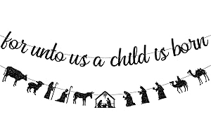 Black Glitter 'For Unto Us a Child Is Born' Christian Nativity Scene...