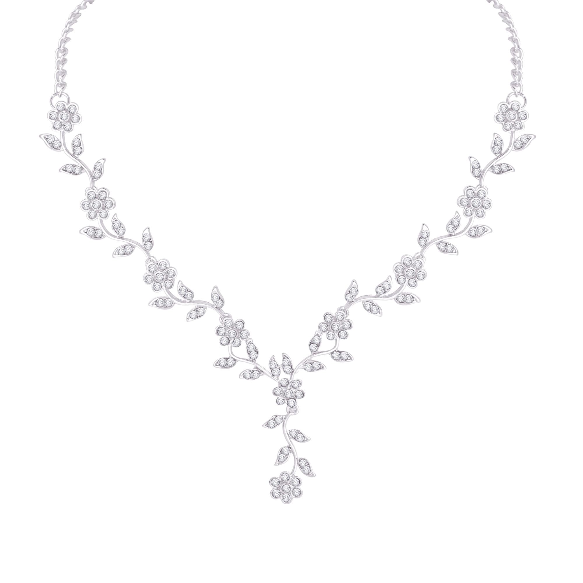 Atasi International American Diamond Style Silver Plated White Crystals Necklace with Earrings Jewellery Set for Women Suited for Party, Wedding, Engagement (R5959)